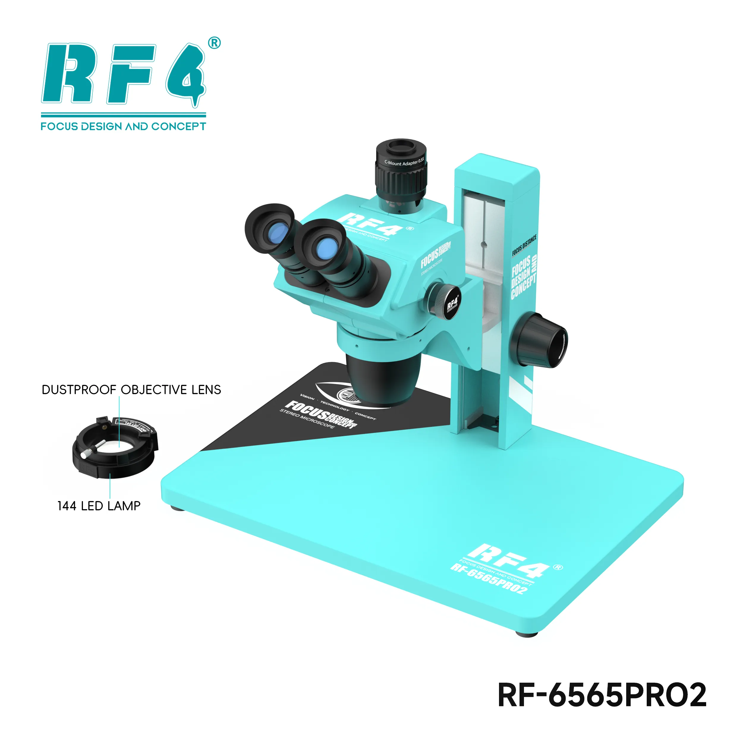 RF4 RF6565Pro2 Trinocular Microscope With Focus Lifting Bracket (1) RF4 RF6565Pro2 Trinocular Microscope With Focus Lifting Bracket